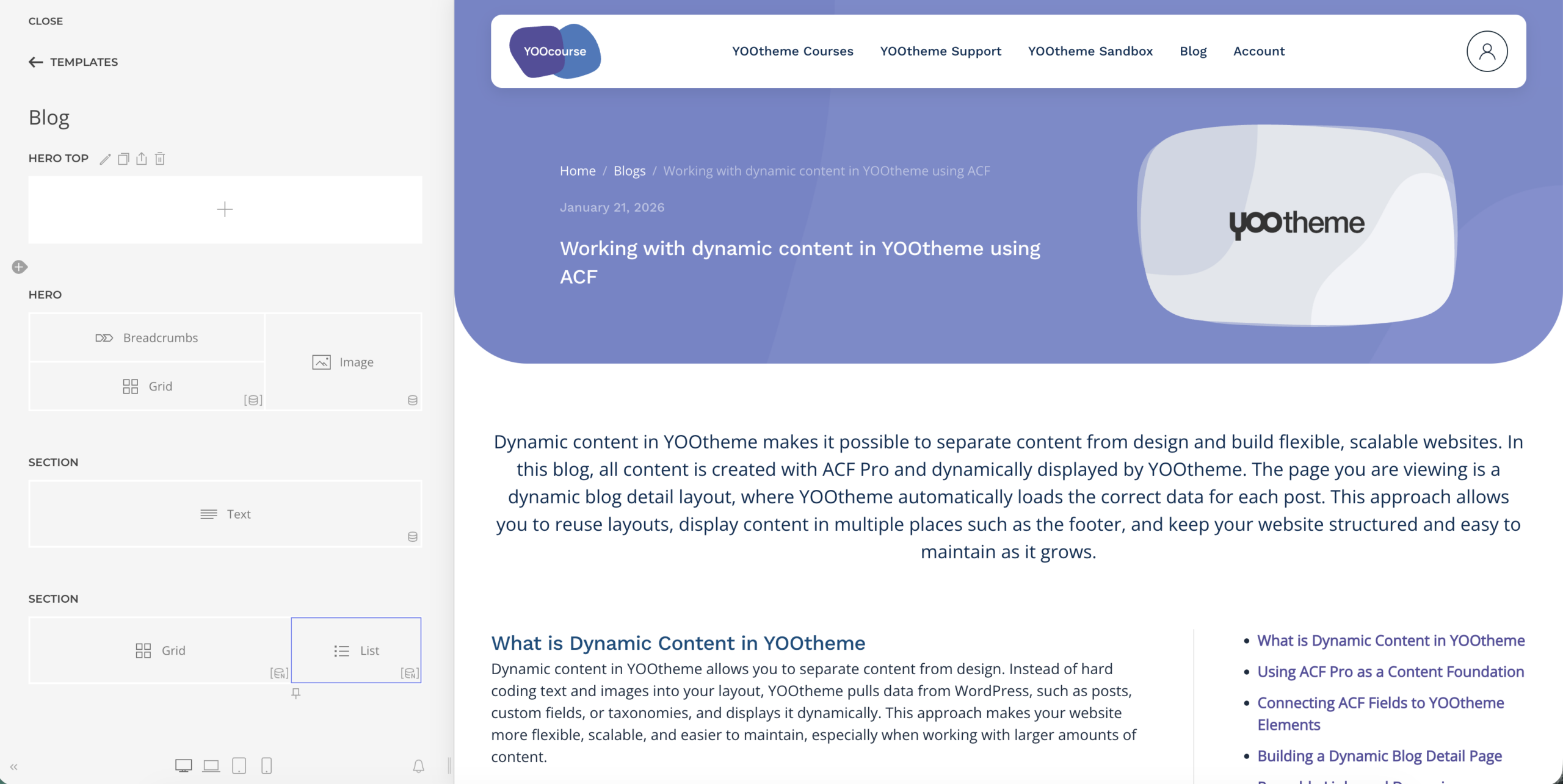Screenshot dynamic content YOOtheme